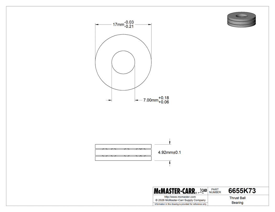 Technical Drawing of Thrust Ball Bearing, Stainless Steel, for 7 mm Shaft Diameter.